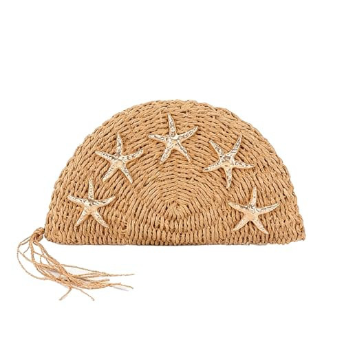 Tarvione Straw Purse Starfish Half Moon Clutch Woven Beach Pouch Bag with Tassel Zipper Cute Summer Vacation Handbag for Women Holiday Picnic(Khaki) | Amazon (US)
