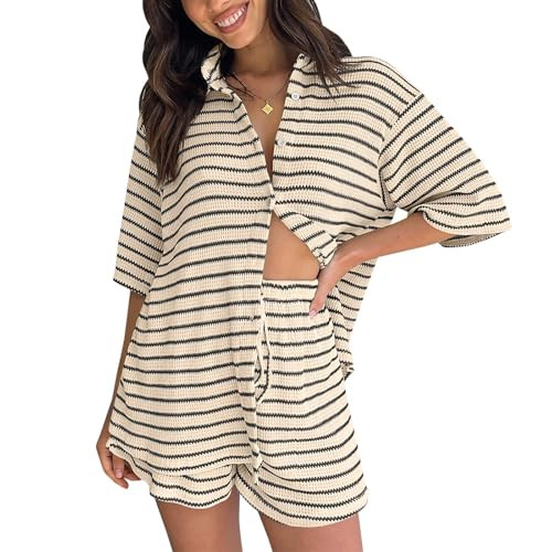 BWQ Women's Knit 2 Piece Outfits Casual Striped Button Down Shirts and Drawstring Shorts Matching Lounge Sets Beige XL | Amazon (US)