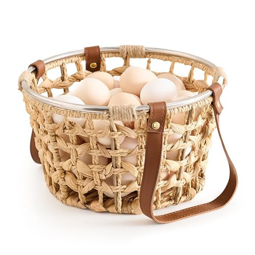 LGENHOOM Farmhouse Wicker Egg Basket for Collecting Fresh Eggs, Round Storage Basket with Handle, Brown, Sea Grass | Amazon (US)
