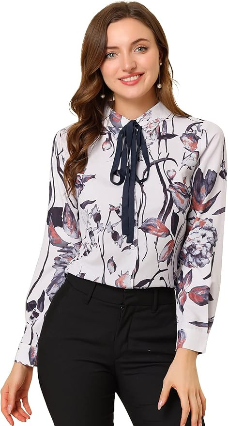 Allegra K Women's Tie Neck Floral Shirt Abstract Long Sleeve Office Point Collar Blouse Top | Amazon (US)