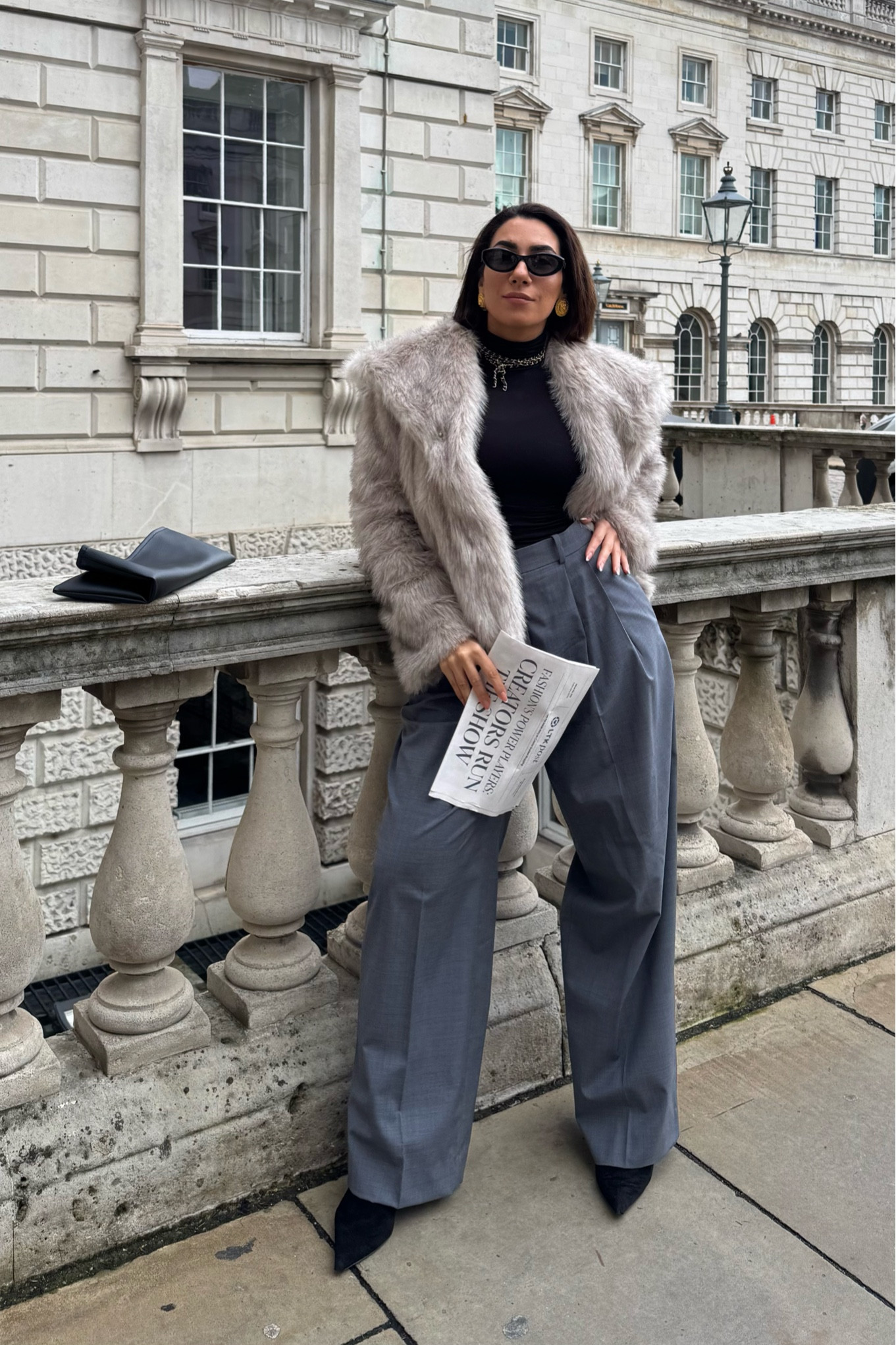 London Fashion Week Day 3 
Daytime look 

#greytrousers #widelegtrousers #ootd #suittrousers #fauxfur #fur #blackrollneck #blackthermal #blackskinnysunglasses #sunglasses #pradaglasses #vintagejewellery #cliponearrings #statementearrings #chanelnecklace 

#LTKeurope #LTKFashionMonth #LTKwinter