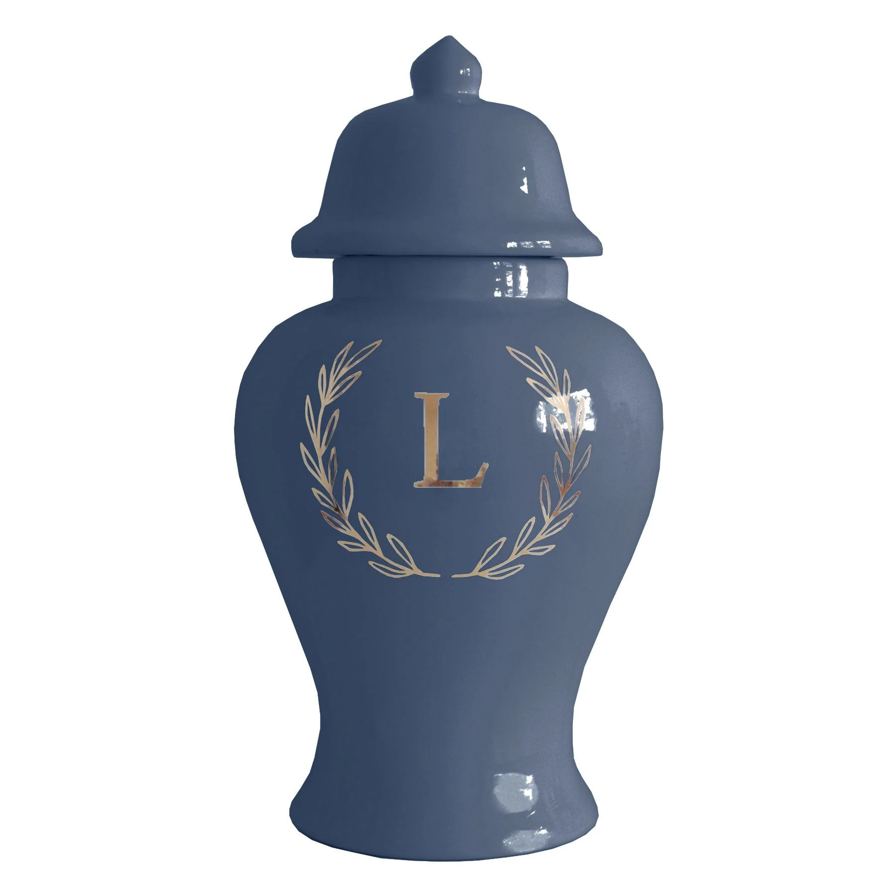 Single Letter Laurel Wreath Monogram Ginger Jars in Navy | Lo Home by Lauren Haskell Designs