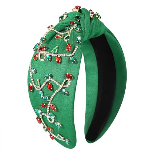 boderier Christmas Headbands for Women Christmtas Lights Headband Jeweled Crystal Embellished Wide Knotted Headband Xmas Holiday Accessories Gifts (Green-Rhinestone Lights) | Amazon (US)