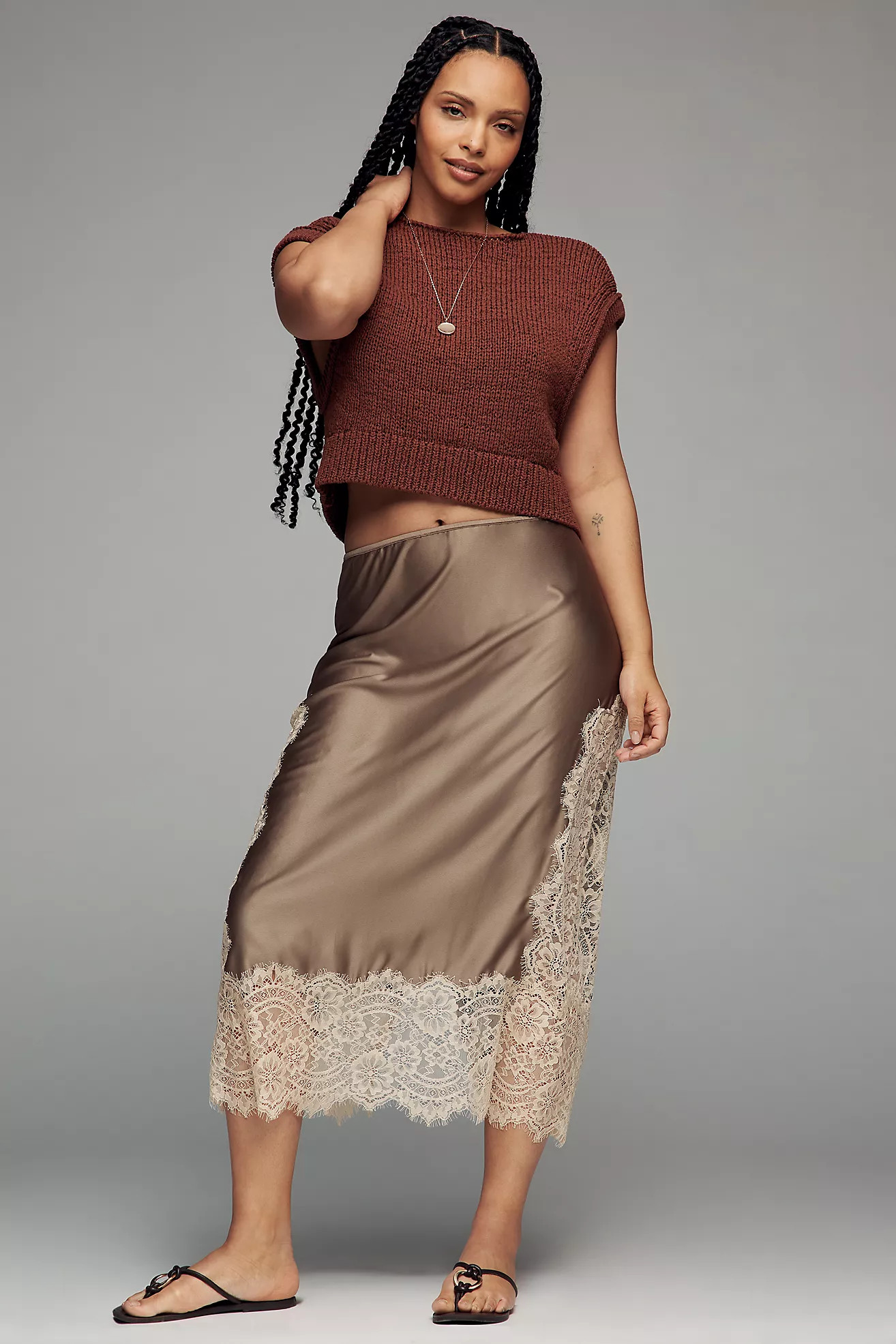 Bl-nk Cinzia Laced Satin Midi Skirt | Anthropologie (US)