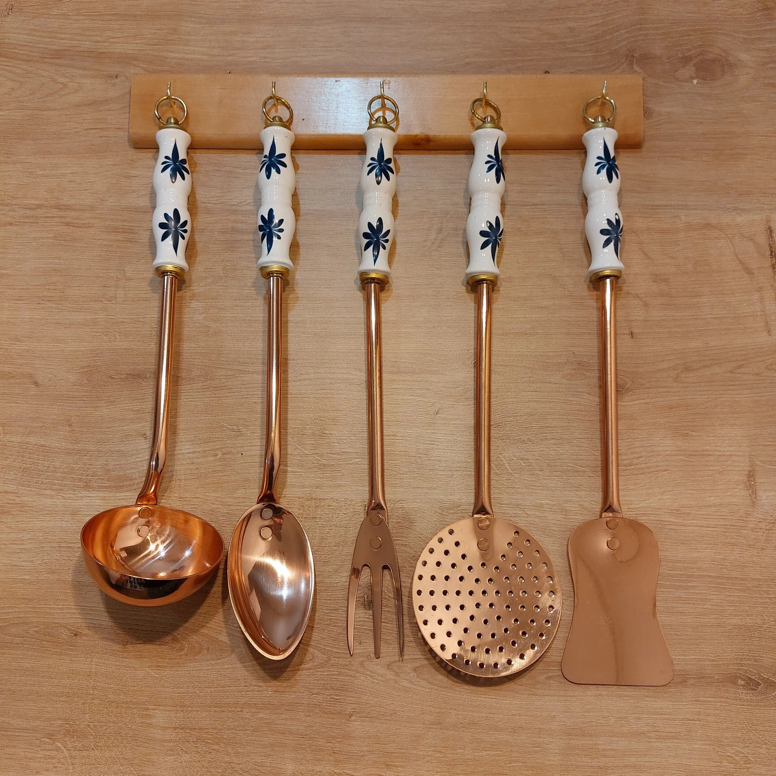 Copper Kitchen Utensil Set Of 5 With Holder / Porcelain Handle / Kitchen Utensils / Vintage Coppe... | Etsy (US)