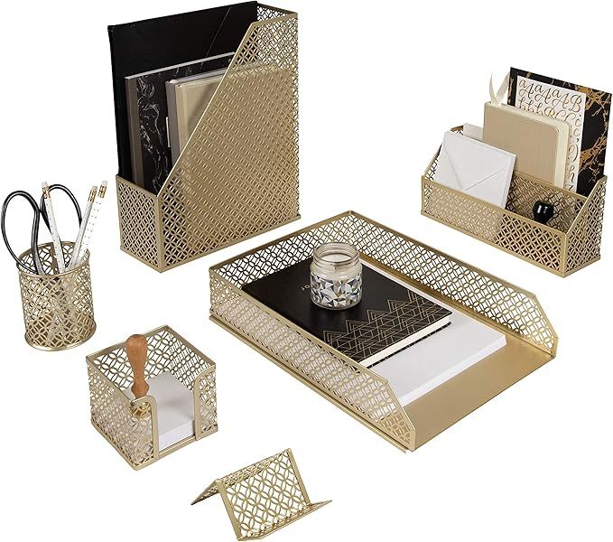 Blu Monaco 6 Piece Cute Gold Desk Organizer Set - Desk Organizers and Accessories for Women - Cut... | Amazon (US)