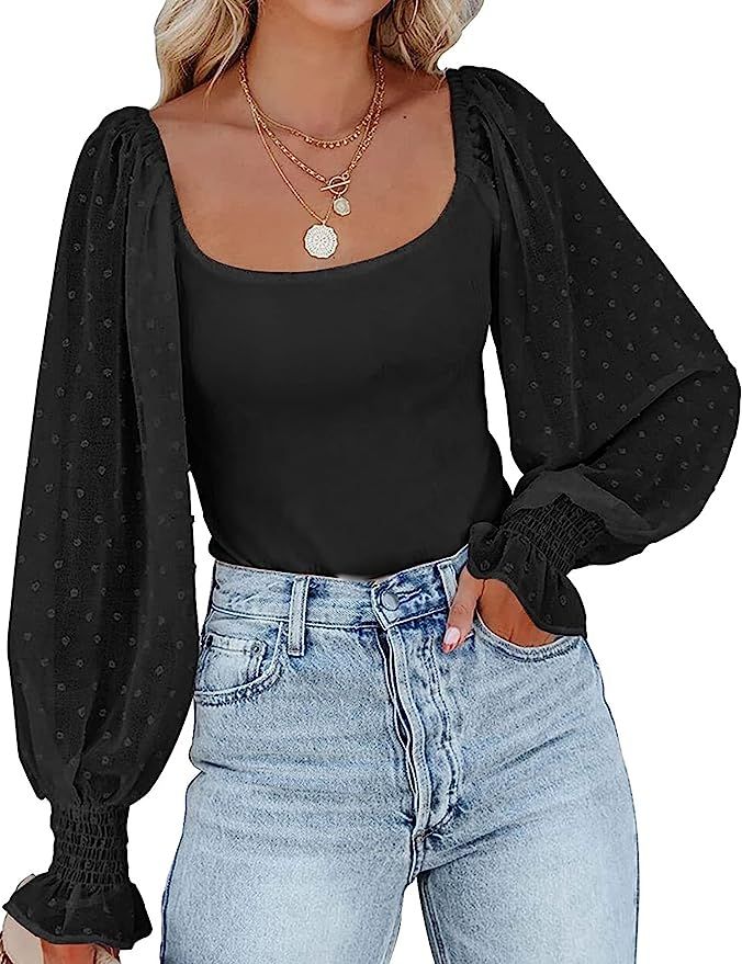 Zeagoo Women's Square Neck Puff Long Sleeve Bodysuit Off Shoulder Leotard Sheer Polka Dot Sleeve ... | Amazon (US)