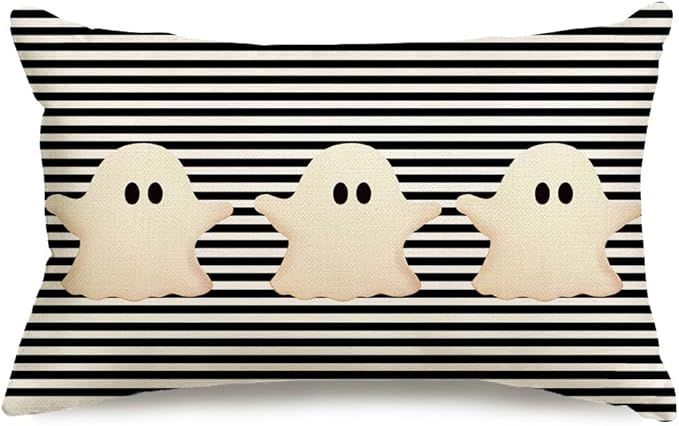 Halloween Pillow Covers 12x20 White Ghost Decor Black Stripe Pillow Covers Happy Halloween Outdoo... | Amazon (US)