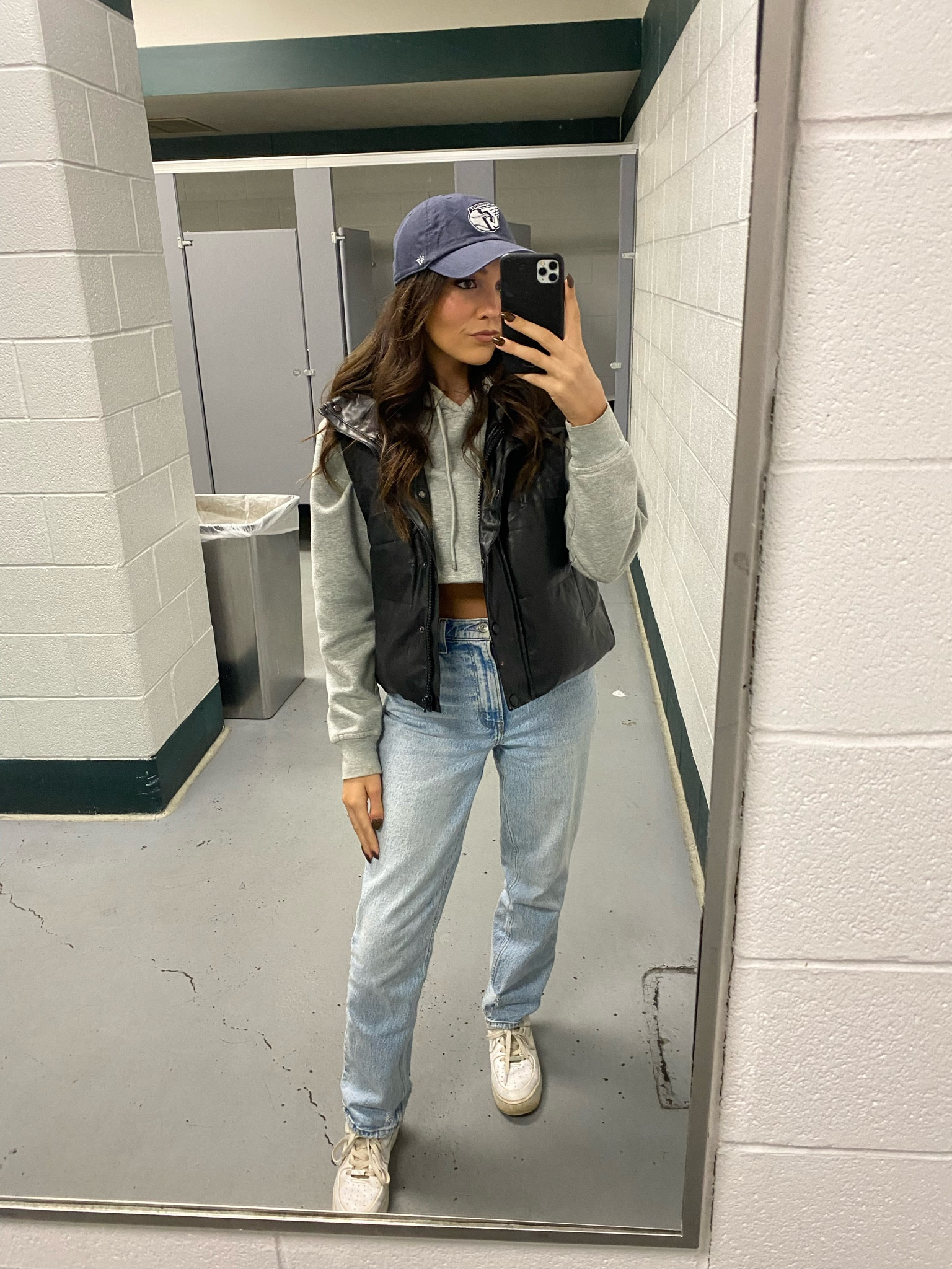 Fall baseball game outfit, black faux leather puffer vest amazon dupe for abercrombie, baseball hat, grey nike hoodie, white nike sneakers, abercrombie jeans, fall casual outfit, affordable outfit 

#LTKSeasonal #LTKsalealert #LTKU