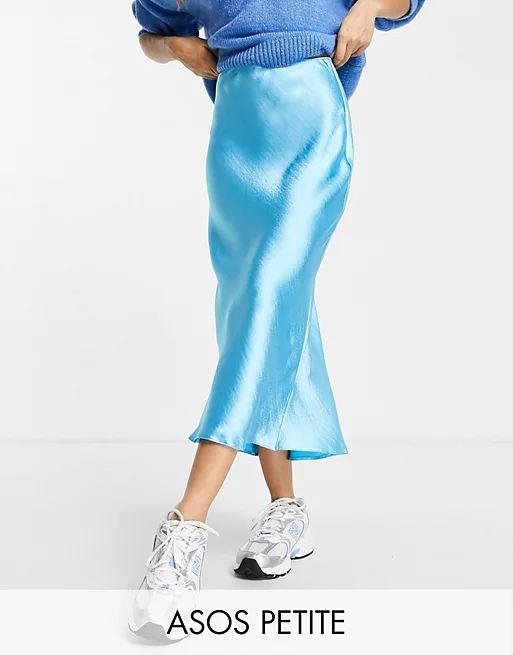 ASOS DESIGN Petite high shine satin midi slip skirt in blue | ASOS (Global)