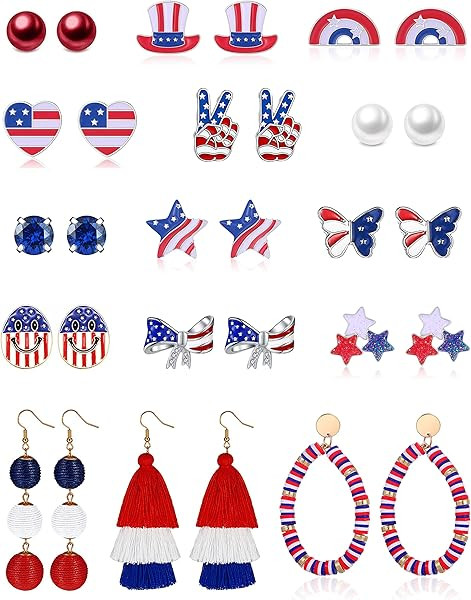 15 Pairs 4th of July Stud Earrings Set for Teens Girls Women Cute American Flag Star Earrings Pat... | Amazon (US)