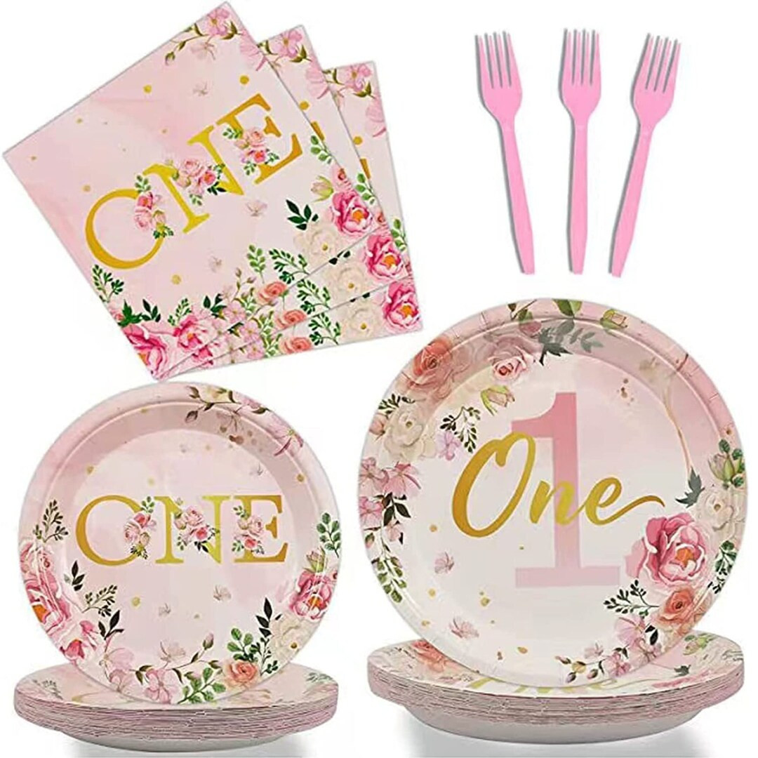 1st Birthday Paper Party Plates Napkins Forks Pink Gold - Etsy | Etsy (US)