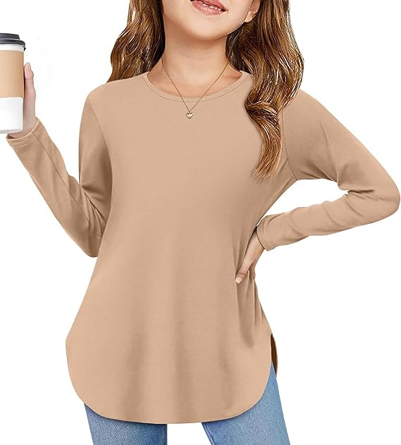 Arshiner Girls Long Sleeve T Shirts Round Neck Curve Hem Side Slit Basic Casual Loose Tunic Soft ... | Amazon (US)