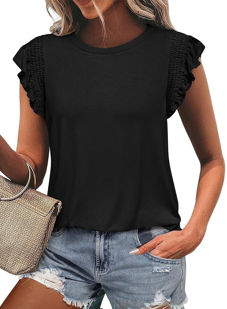 KIRUNDO Womens Summer Tops 2025 Trendy Ruffle Cap Sleeve Casual T Shirts Crewneck Basic Tee Cute ... | Amazon (US)