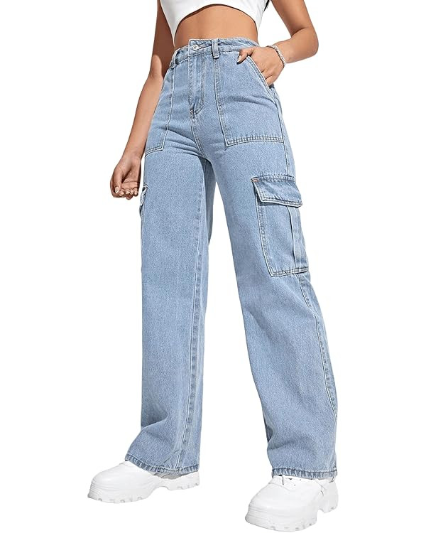 SweatyRocks Women's High Waist Cargo Jeans Flap Pocket Wide Leg Denim Pants | Amazon (US)