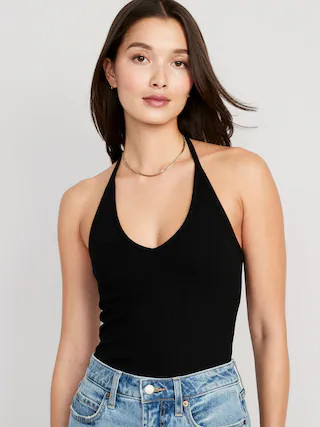 Rib-Knit V-Neck Halter Top for Women | Old Navy (CA)