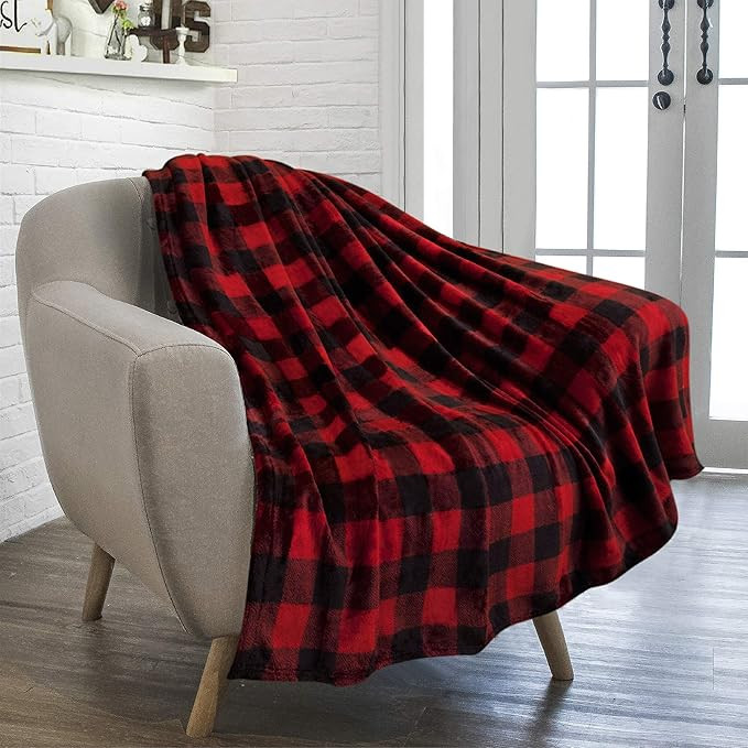 PAVILIA Buffalo Plaid Throw Blanket for Sofa Couch | Soft Flannel Fleece Red Black Checker Plaid ... | Amazon (US)