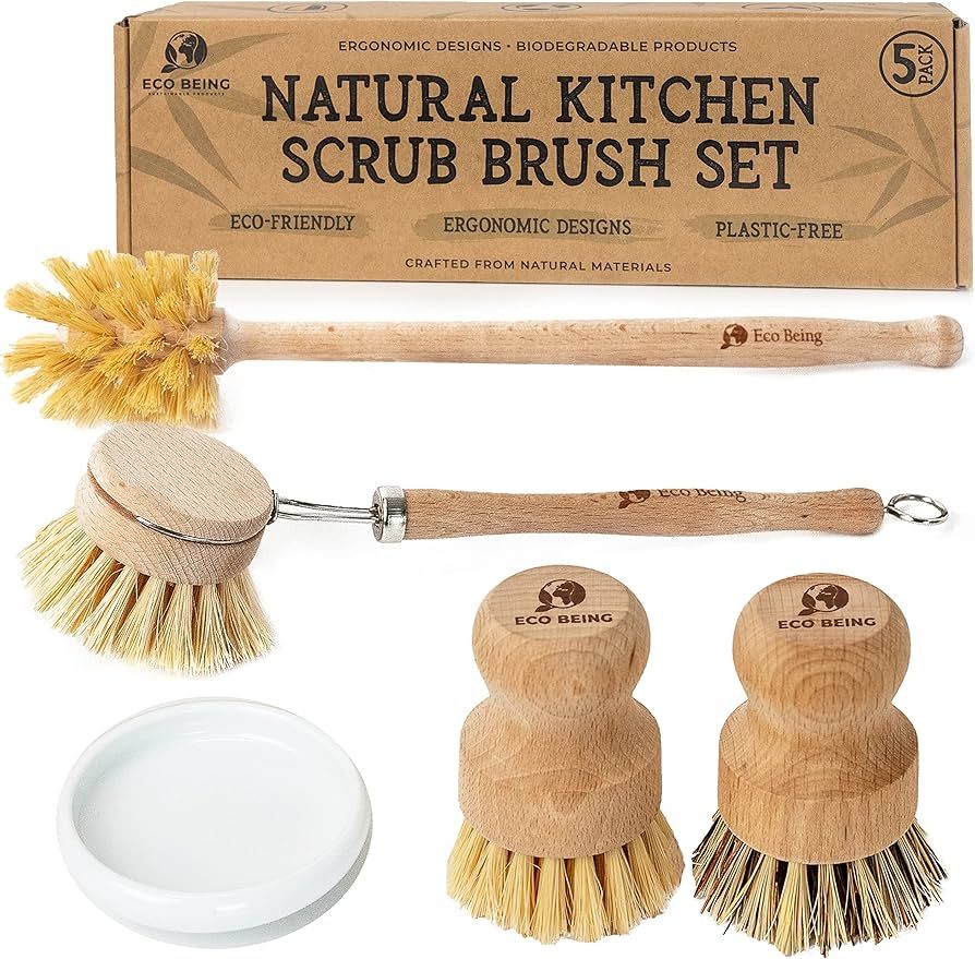 Eco Being Natural Bubble up Dish Brush Set with Soap Dispenser. Bamboo Dish Brush Set with Strong... | Amazon (US)