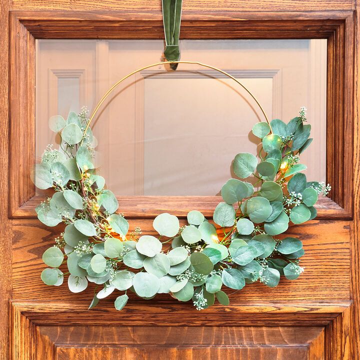 Eucalyptus Collection, Asymmetrical Wreath with Cluster Lights & Velvet Ribbon | Lights.com