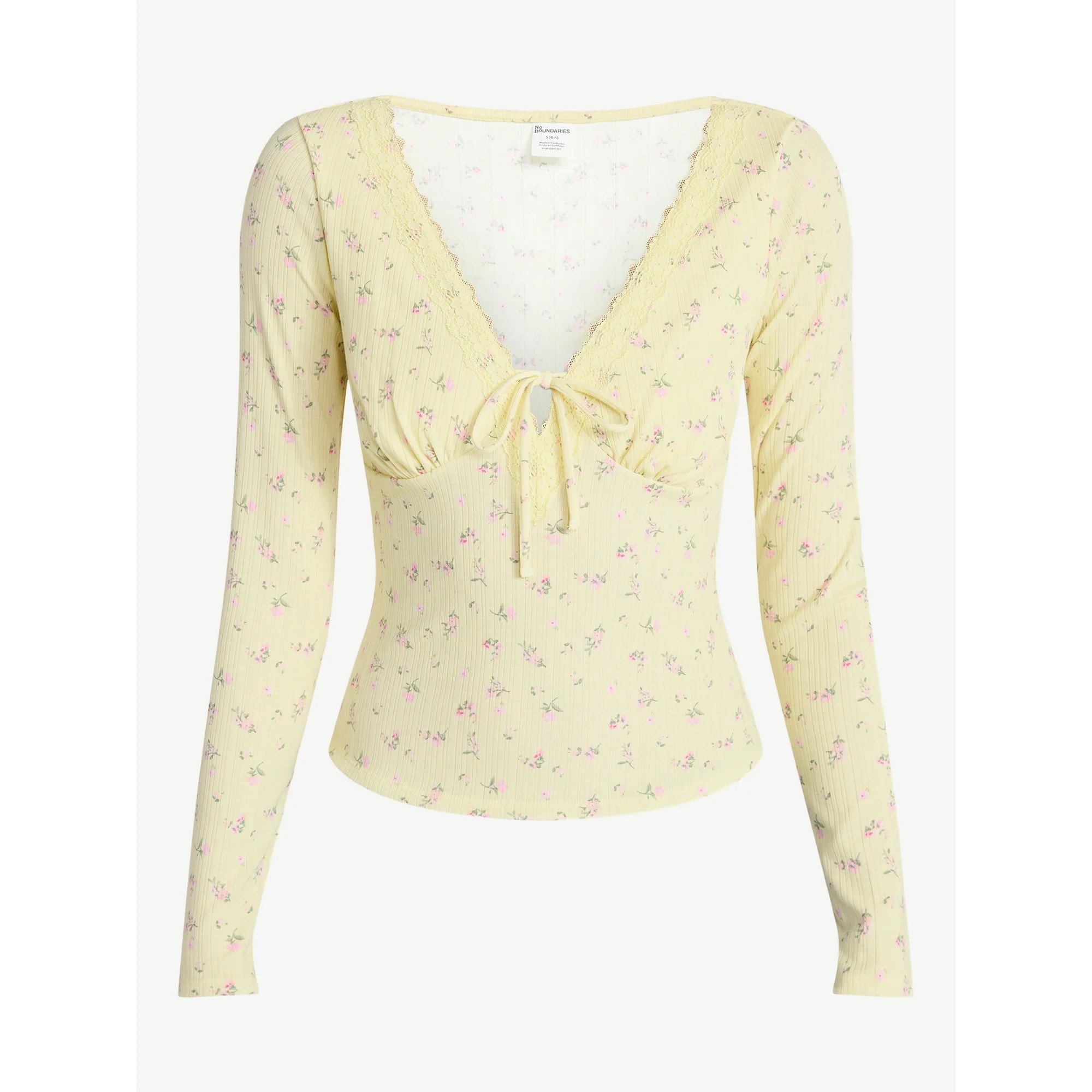 No Boundaries Tie Front Lace Trim Top with Long Sleeves, Women’s XXS-XXL | Walmart (US)