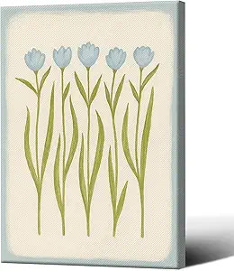 Blue & Green Floral Plants Painting Poster,Tulip Flower Canvas Wall Art，Elegant Preppy Wall Dec... | Amazon (US)