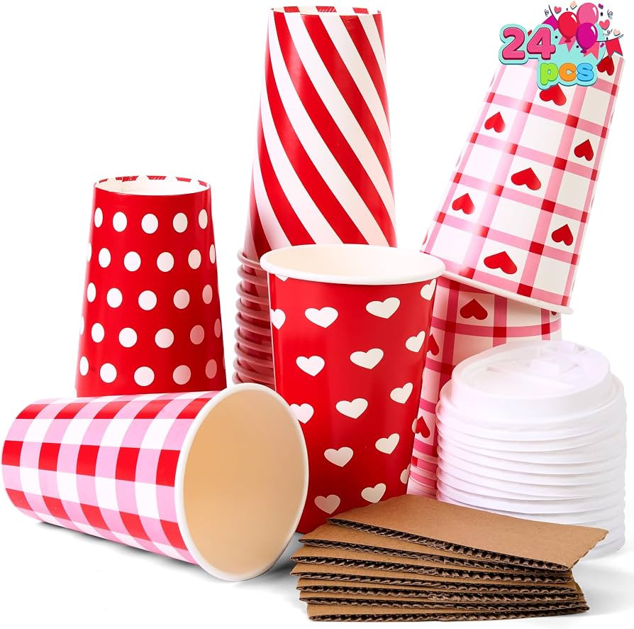 JOYIN 24pcs Valentine's Day Disposable Cups with Cup Sleeve and Lid for Kids Party Favors, Classr... | Amazon (US)