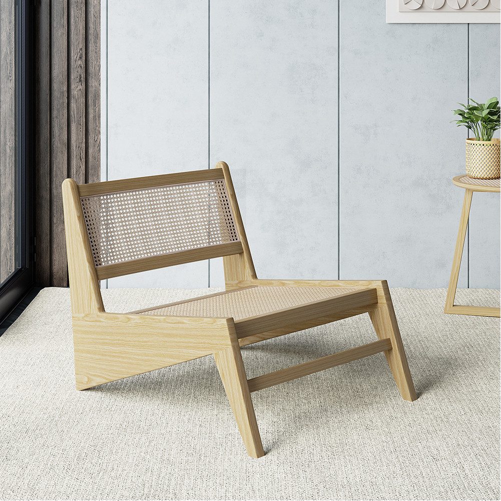 Rattan and Wood Lounge Chair Accent Chair in Natural | Homary