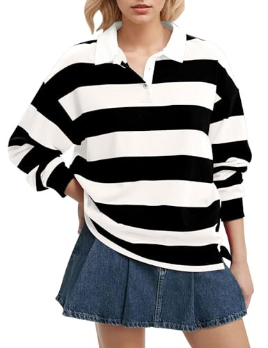 Women Long Sleeve Striped Polo Shirt Oversized Collar Y2k Pullover T Shirt Casual Loose Streetwea... | Amazon (US)