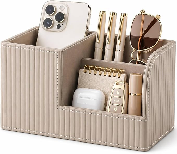 Desk Pen Organizer Office Supplies Caddy Pu Leather Multi-function Storage Box Pen/Pencil,Cell ph... | Amazon (US)