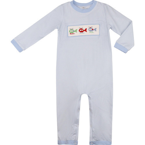 Blue Gingham Smocked Helicopter Long Romper | Cecil and Lou