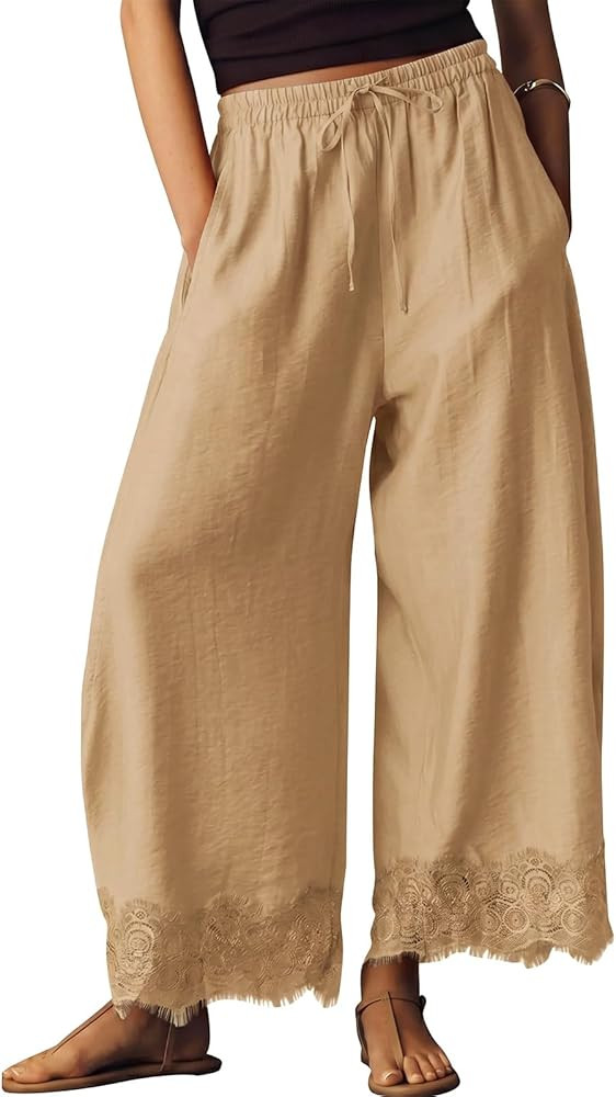 EXLURA Women Cotton Lace Trim Wide Leg Pants Summer Casual Cropped Drawstring Elastic Waist Light... | Amazon (US)
