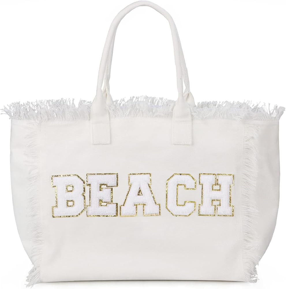 Large Canvas Zipper Tote Bag with Chenille Letter for Women Summer Beach Vacation Travel | Amazon (US)