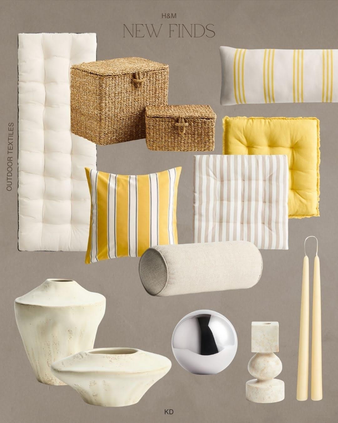 H&M Home: new arrivals 

Outdoor cushions, seat cushions, outdoor textiles, outdoor decor, yellow decor, summer patio decor, outdoor furniture, waterproof pillows, outdoor patio finds 
, baskets, rattan basket, candles, chrome decor, vase 

#LTKHome #LTKSaleAlert #LTKSeasonal