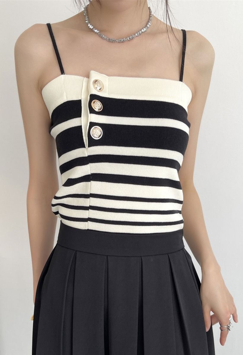 Contrast Stripe Button Trim Knit Cami Top | Chicwish