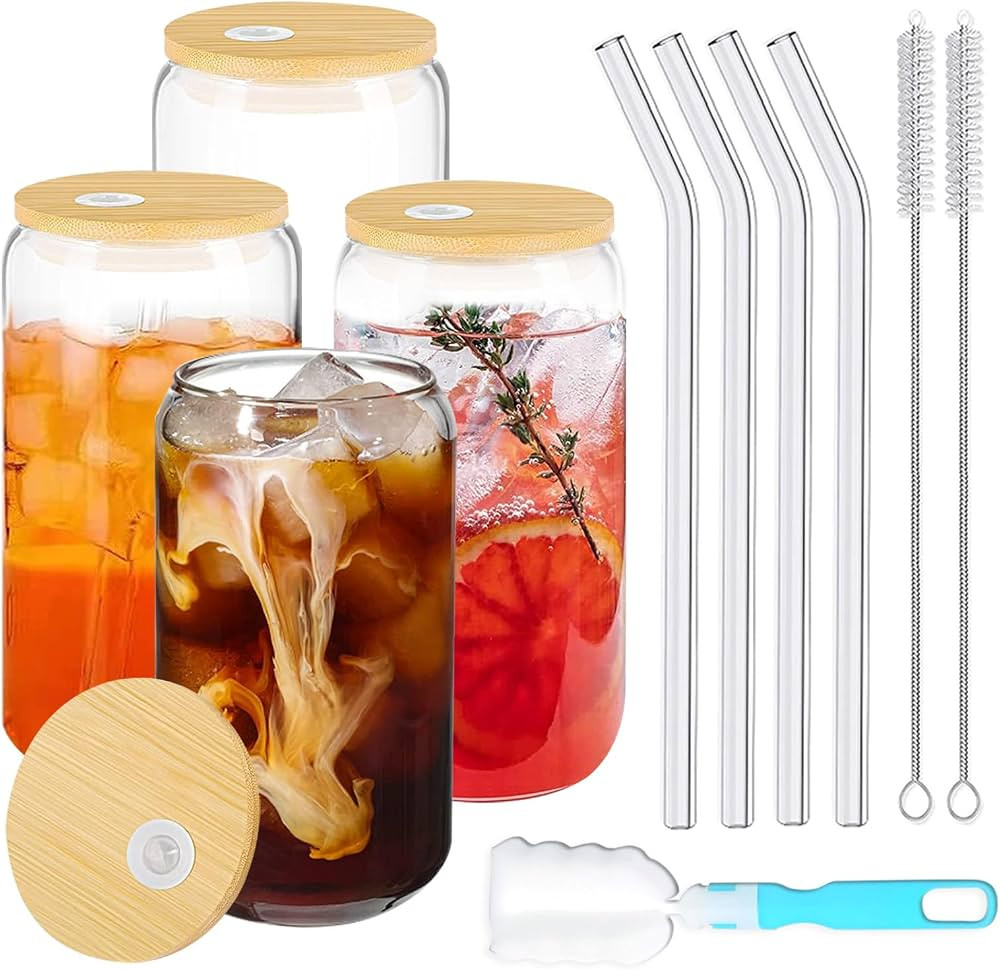 Drinking Glasses Cups with Lids and Straws 4 Pcs - 16oz Iced Coffee Can Shaped Glass Cup Reusable... | Amazon (CA)