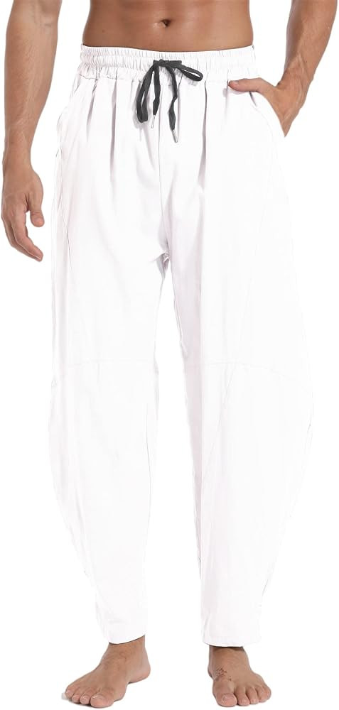 AITFINEISM Mens Cotton Linen Pants Elastic Drawstring Waist Lightweight Summer Beach Pants | Amazon (US)