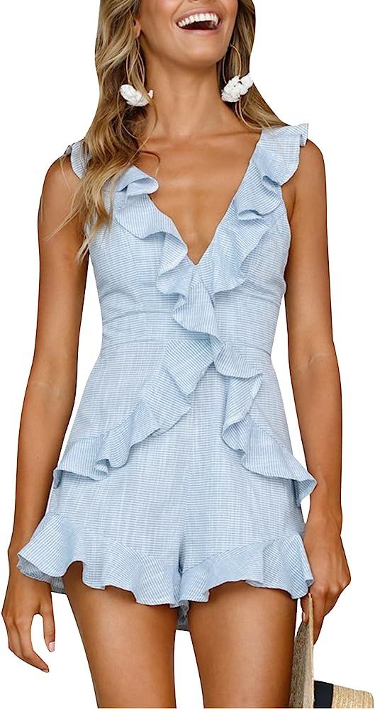 Simplee Women's Summer Beach Ruffle V Neck Sleeveless Backless Jumpsuit Romper | Amazon (US)