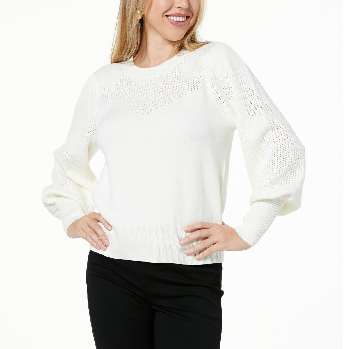 Jaclyn Smith Pointelle Yoke Floral Puff Sleeve Sweater - 21869596 | HSN | HSN