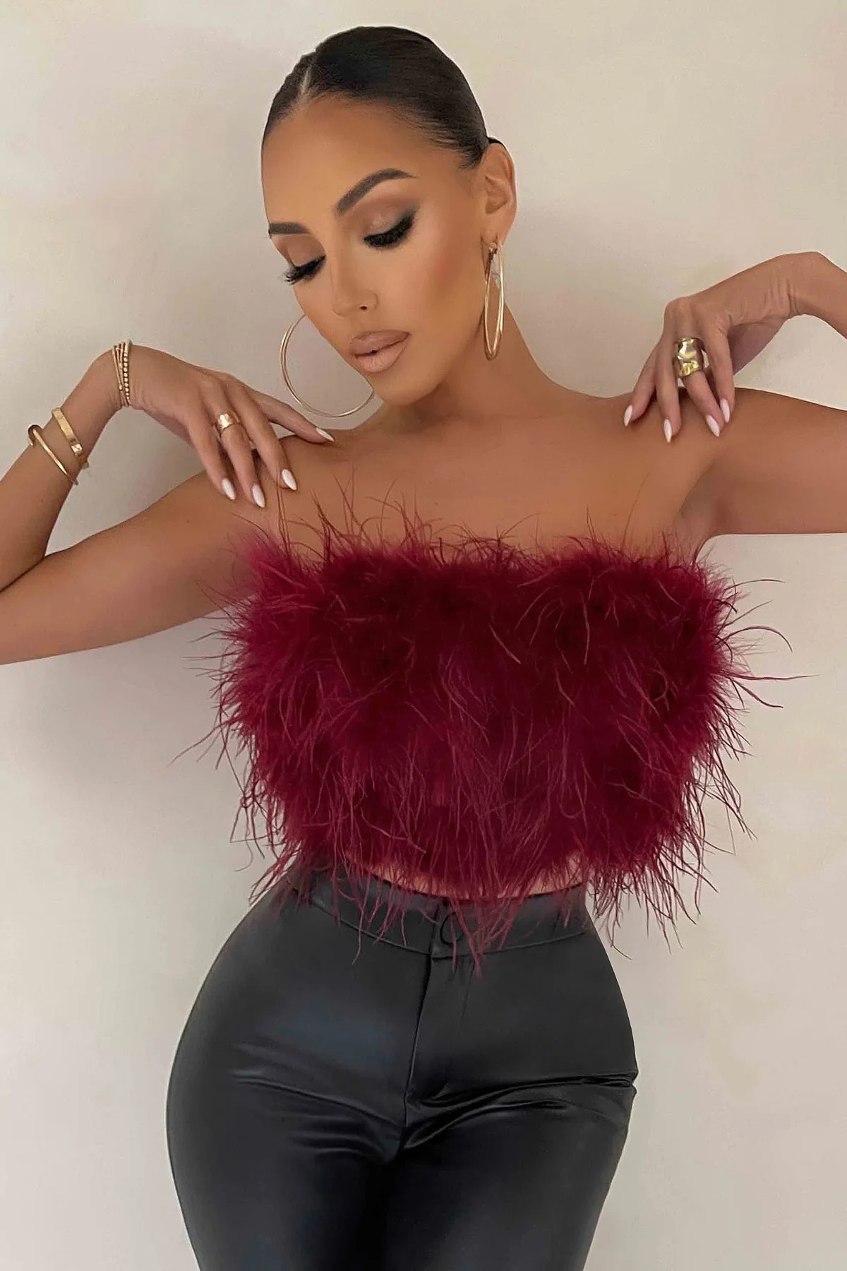 Dream Daze | Berry Feather Bandeau Crop Top | Club L London