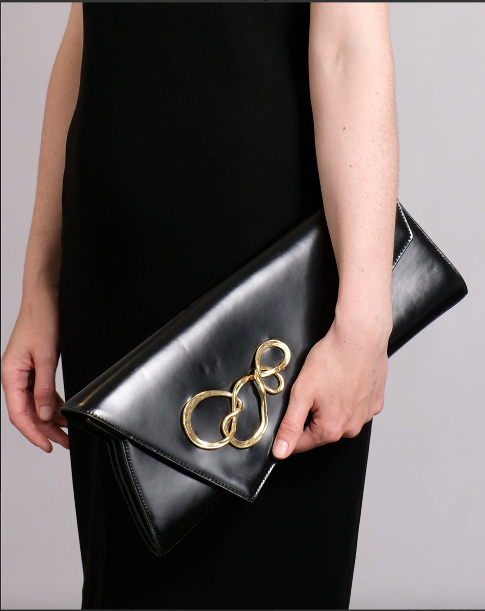 $645 ALEXIS BITTAR Twisted Gold Lg Angular Clutch Bag Black Leather | eBay US