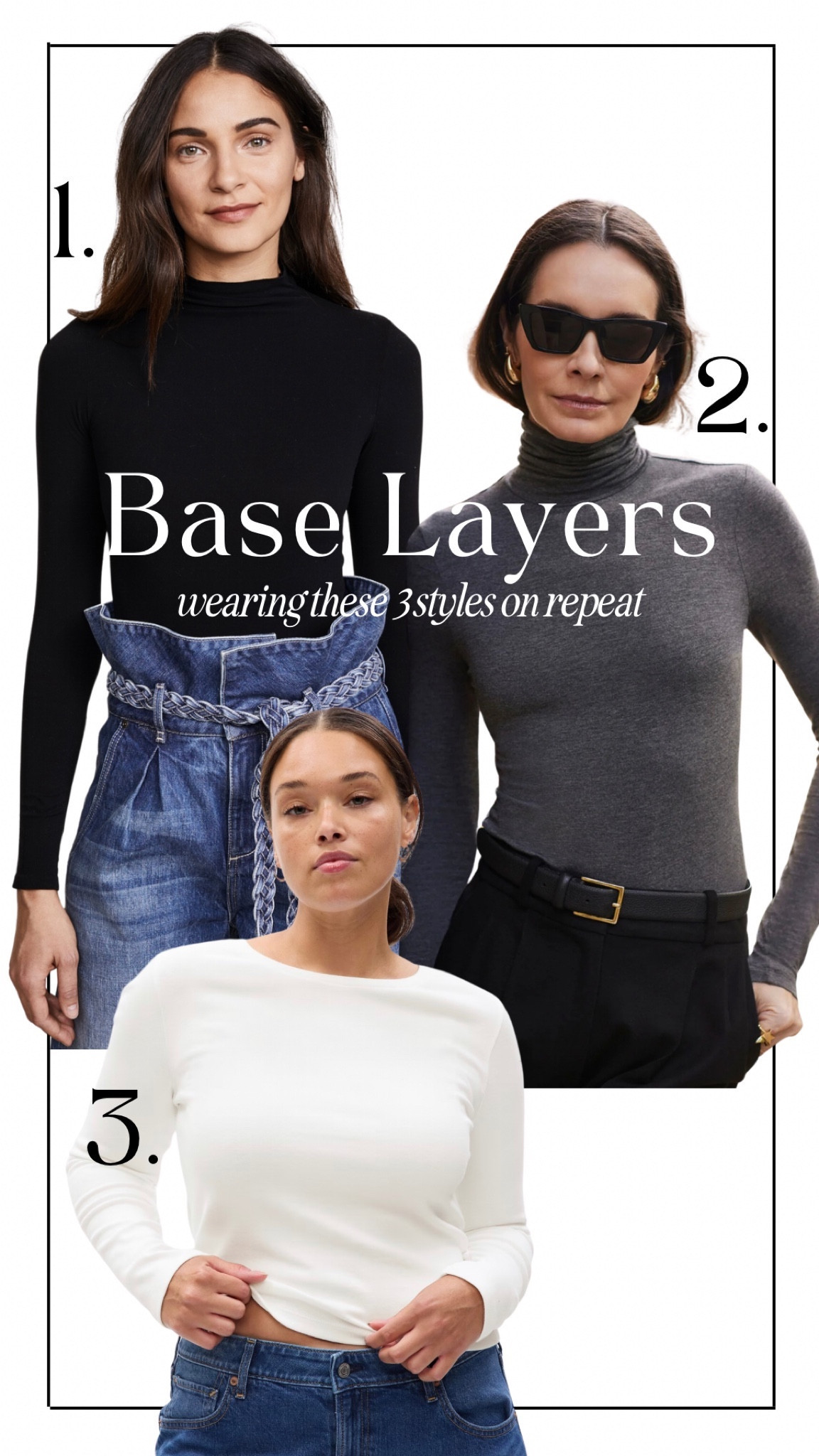 The 3 base layers I’ve been wearing on repeat — 
1. Black Mockneck bodysuit
2. Sold out nyc grey turtleneck 
3. Gap white crewneck long sleeve 

Including outfit details from the reel as well!

#LTKstyletip #LTKfindsunder100 #LTKfindsunder50