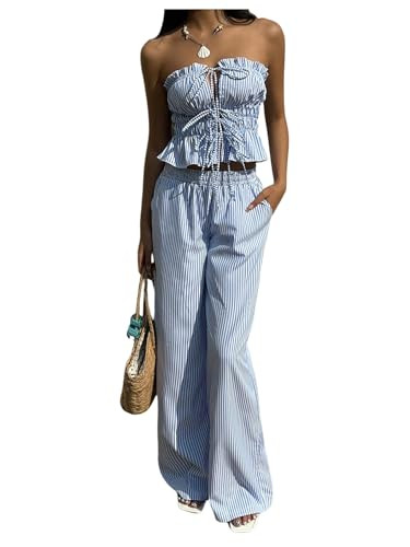 WDIRARA Women's Striped 2 Piece Pants Set Strapless Tie Bandeau Wide Leg Pants Outfits | Amazon (US)