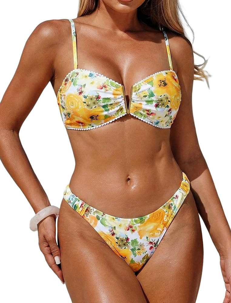 ZAFUL Women's 2 Piece Bikini Set Floral Print V Wired Strapless Lace Up Tie Back High Cut Bandeau... | Amazon (US)