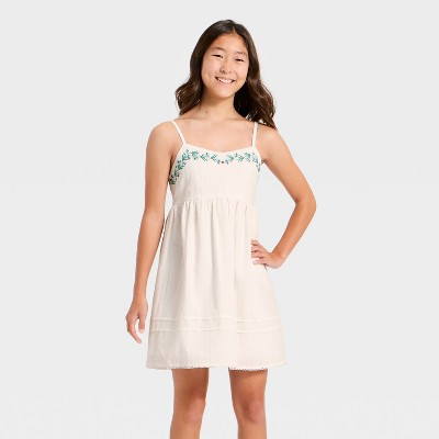 Girls' Embroidered Trim Babydoll Dress - art class™ White XXL | Target