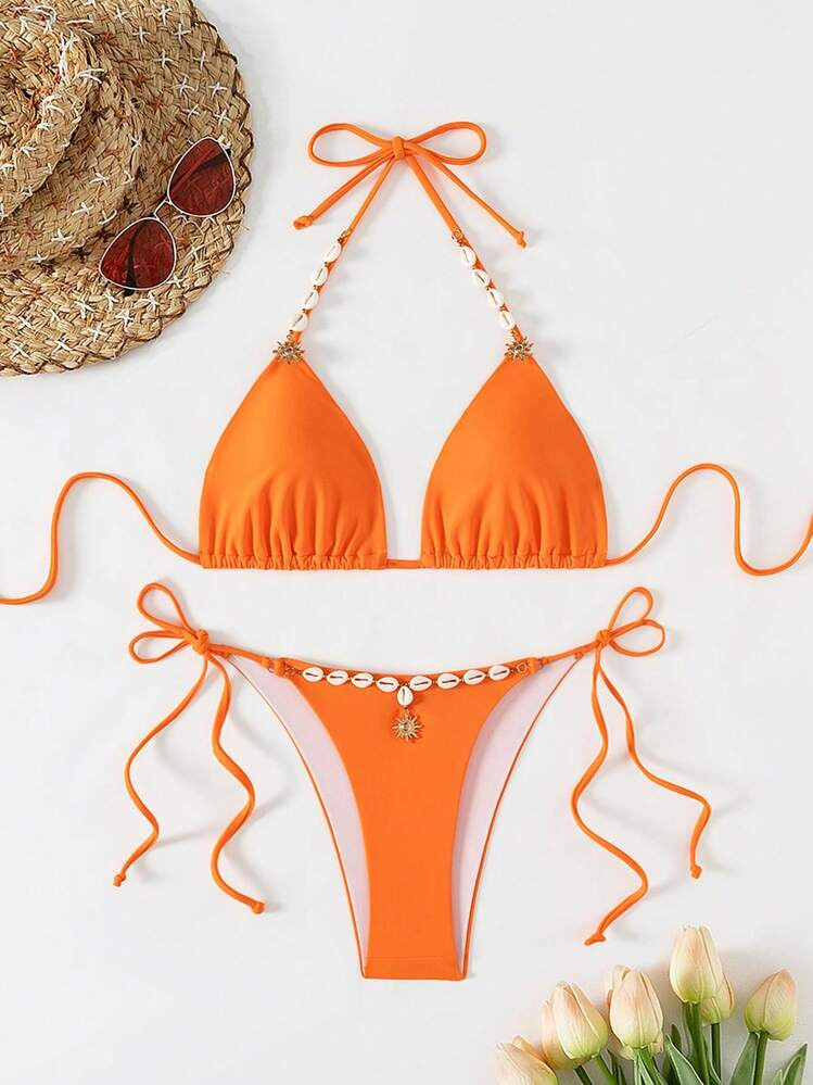 SHEIN Swim Vcay 1pc Women Seashell Decor Solid Color Halter Neck Bikini Set For Beach, Holiday, P... | SHEIN