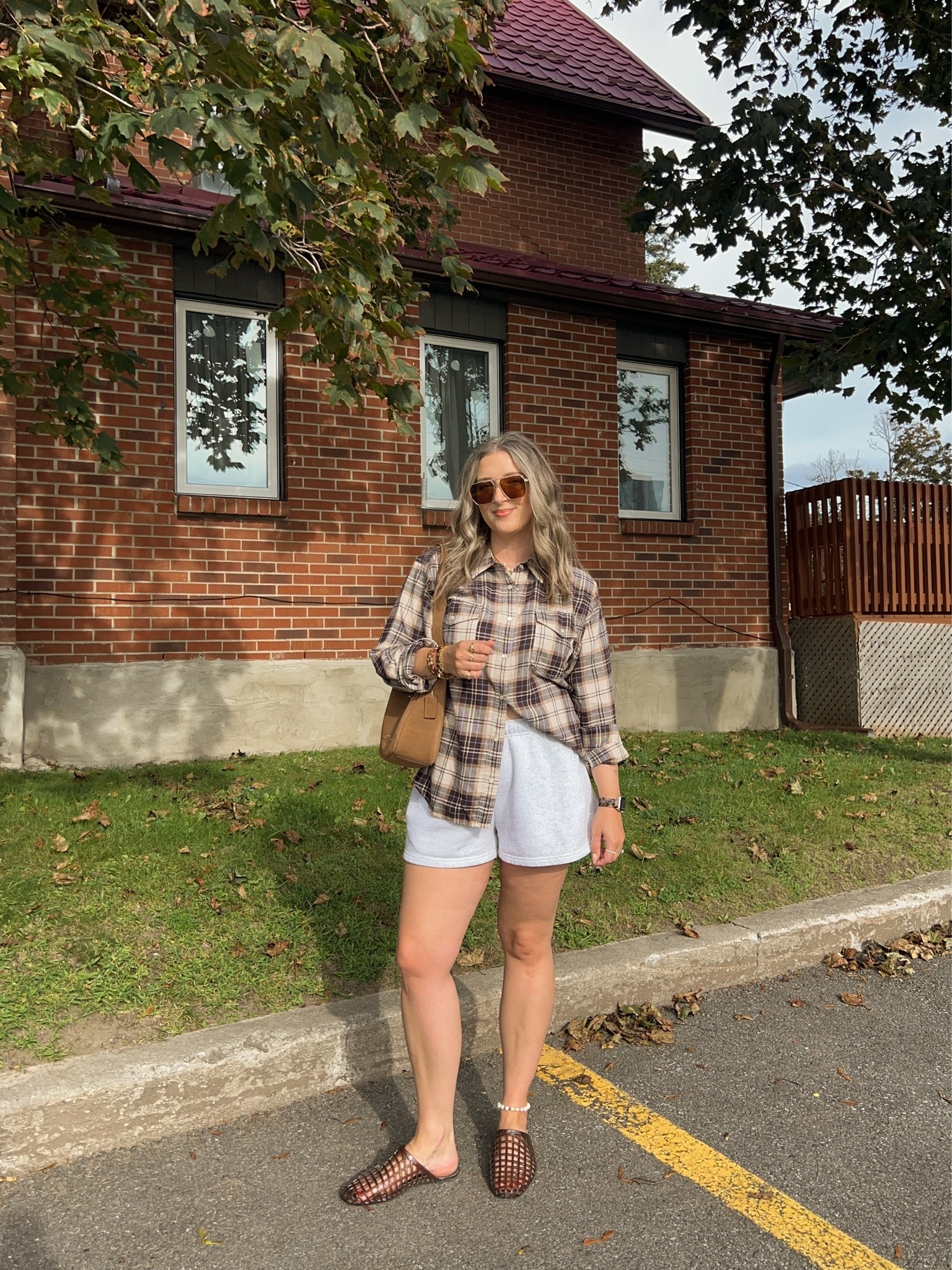 Early fall outift! Flannel is a more fitted style so I sized up to XL for this oversized look. Wearing L in the shorts. I’m a 9.5-10 shoe and wear a 10 in the jelly shoes (exact Canadian shoes link under “similar products”)

#LTKfall #LTKmidsize #LTKsale