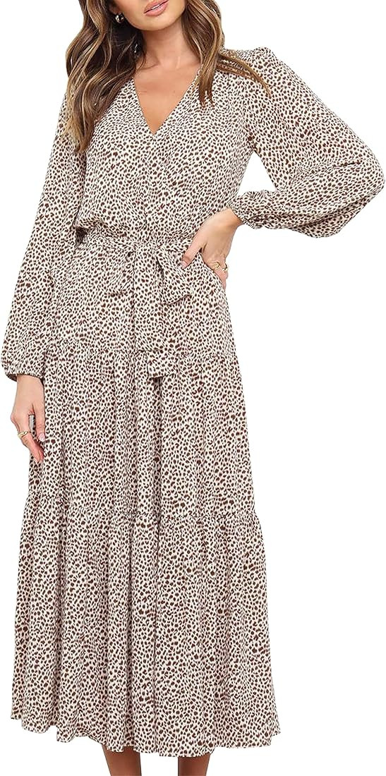 PRETTYGARDEN Women's Long Sleeve V Neck Leopard Print Ruffle Maxi Dress Tie Waist Boho Chiffon Fl... | Amazon (US)