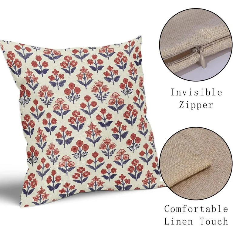 4th of July Patriotic Floral Block Print Pillow Covers 18x18 Inch Set of 2, Navy Blue Red Vintage... | Walmart (US)