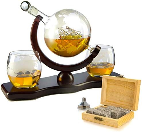 Whiskey Decanter Set Globe with 2 Etched Globe Whisky Glasses - Comes With Whiskey Stones for Whi... | Amazon (US)
