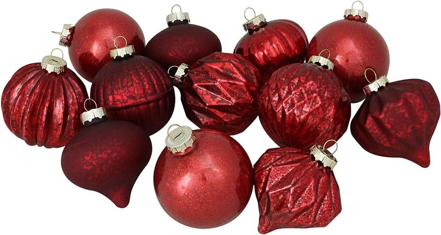 12ct Red Mercury Glass Style Glass Christmas Ornament Set 3" | Amazon (US)